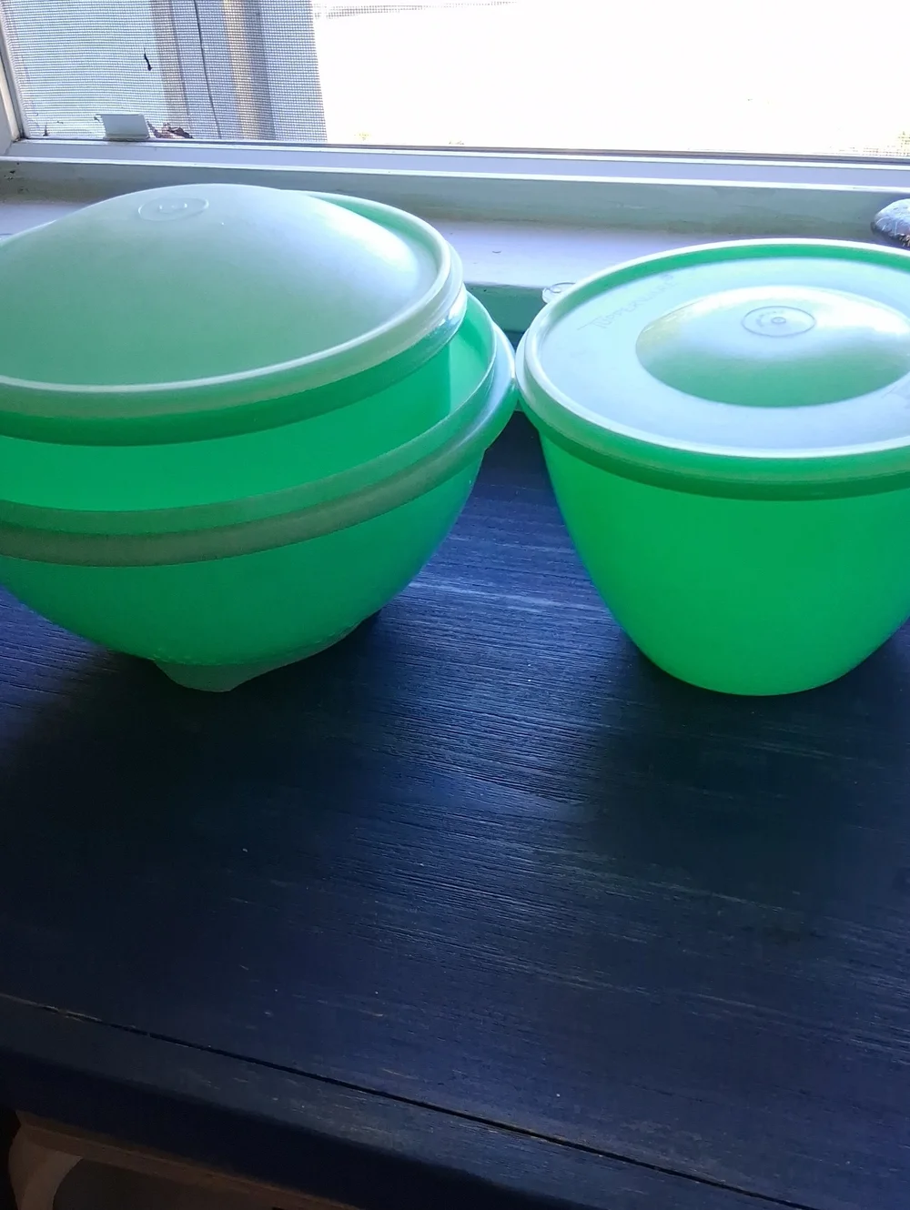Vintage Tupperware Bright Green Mixing Bowl Set with Lids and Colander